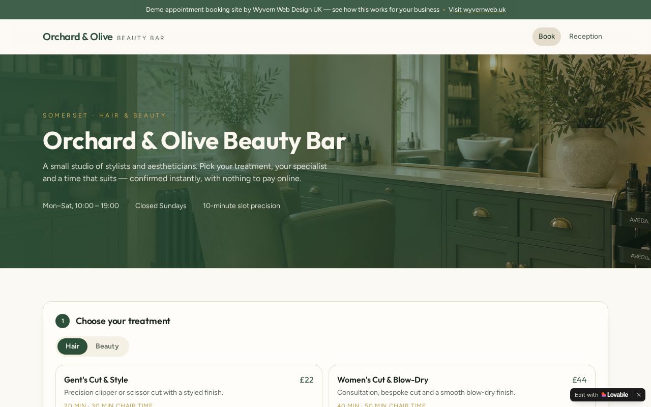 Screenshot of the Orchard & Olive Beauty Bar demo booking system
